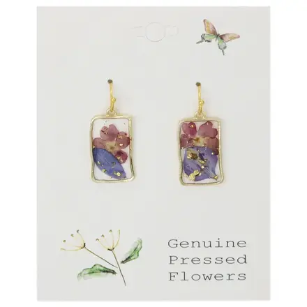 ZAD Earrings-Purple Pink Dried Flower Rectangle Gold  E5591