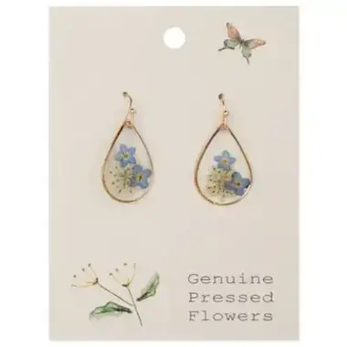 ZAD Earrings-Cottage Blue Dried Flower Gold Teardrop  E7144BL