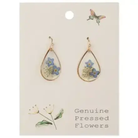 ZAD Earrings-Cottage Blue Dried Flower Gold Teardrop  E7144BL