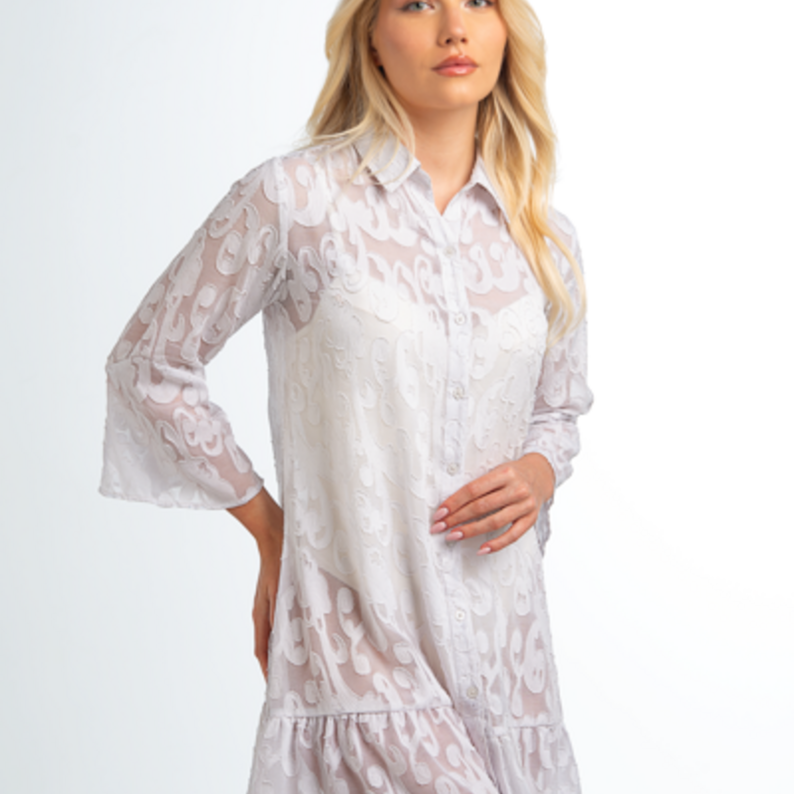 Simply Noelle Sheer Button Up Coverup  SCVUP402LX  (Black or White) (1) loading=
