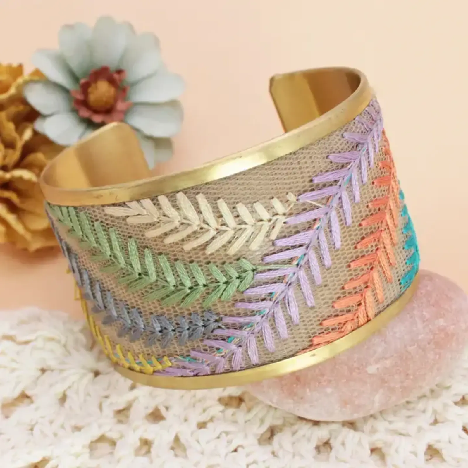 ZAD Pastel Ferns Embroidered Cuff Bracelet  B3914 loading=