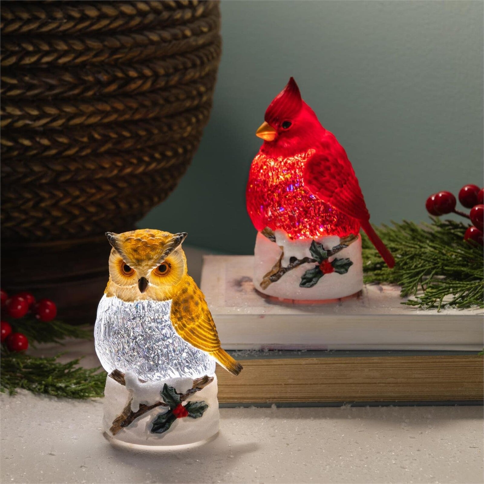 Evergreen Enterprises Snowbirds LED Table Décor Owl and Cardinal Waterglobe (1) LT89D8TAL loading=