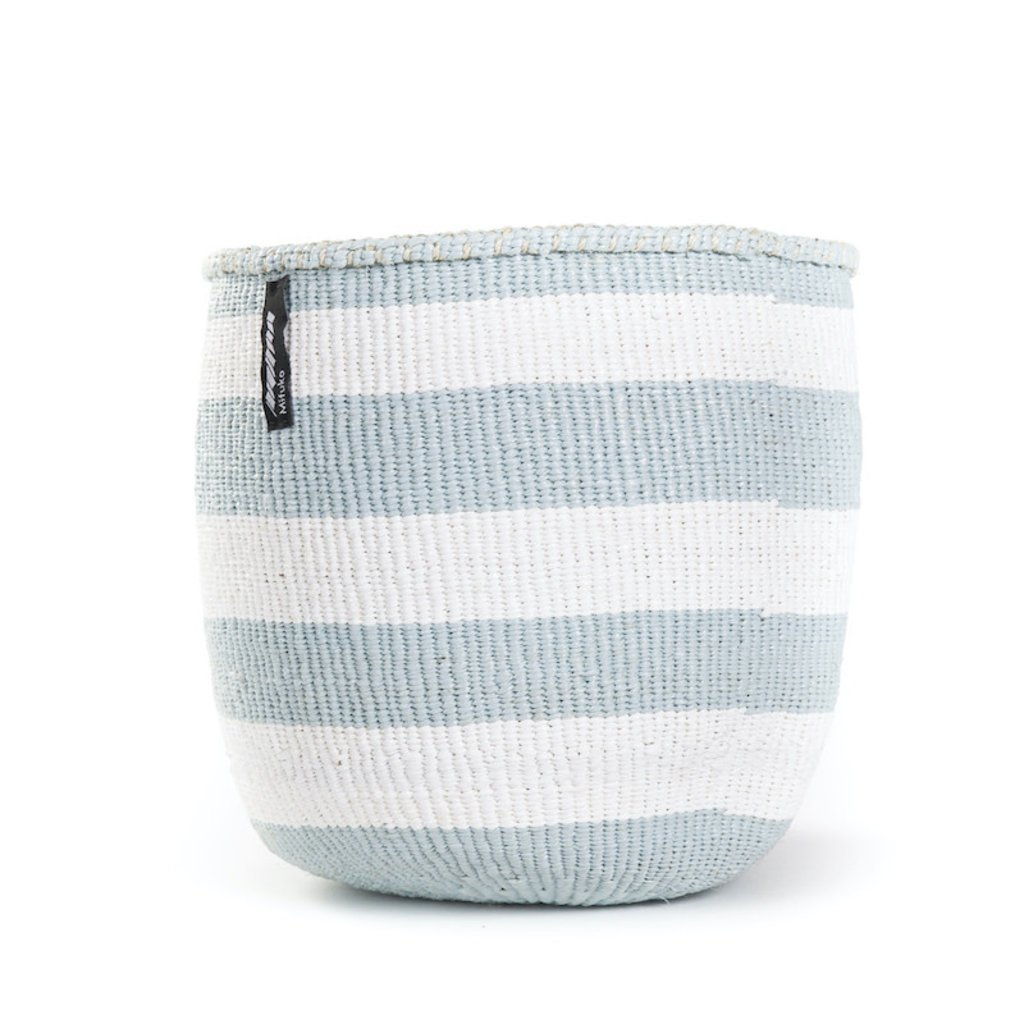 Basket- Small-Thick White & Light Blue Stripes-Sisal/Plastic-Kiondo (Kenya)