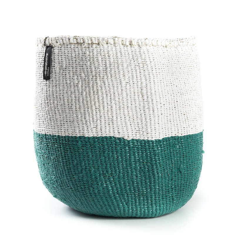 Basket- Medium-White & Green 50/50-Sisal/Plastic-Kiondo (Kenya)