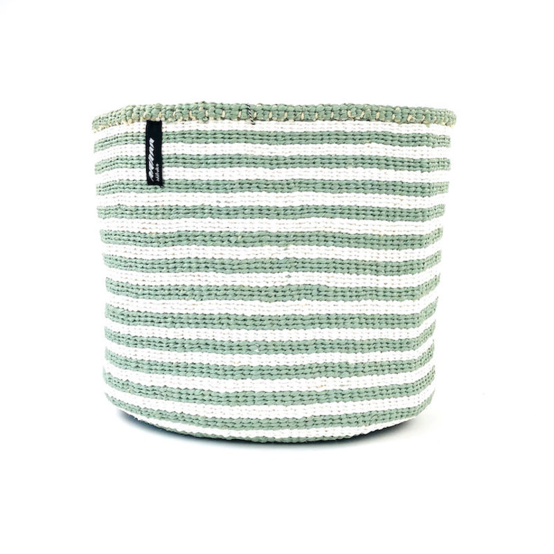 Basket- Medium-White & Light Green Thin Stripes-Sisal/Plastic-Kiondo (Kenya)