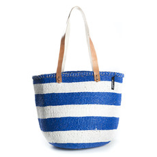 Shoulder Bag -Medium-Thick White & Blue Stripes-Sisal/Plastic-Kiondo (Kenya)