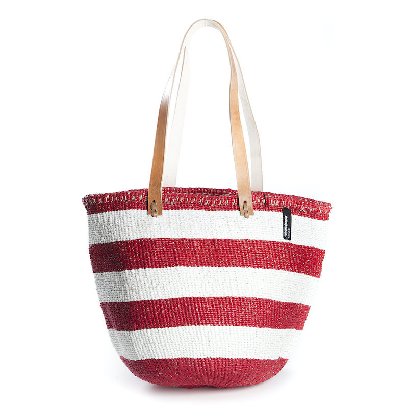 Shoulder Bag- Medium-White & Red Stripes-Kiondo-C(Kenya)
