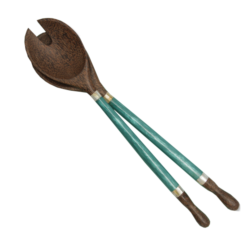 Salad Servers- Capiz Shell & Palm Wood-Teal (Indonesia)