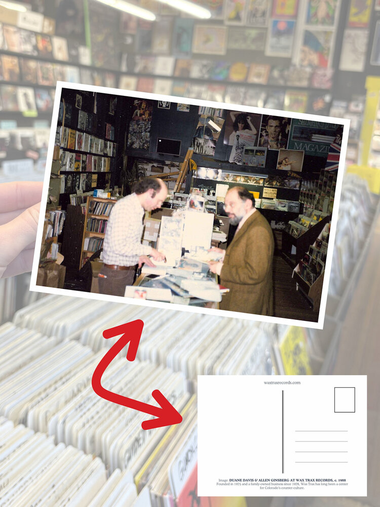 Wax Trax Postcard #13 Allen Ginsberg and Duane at the Capitol Hill Store