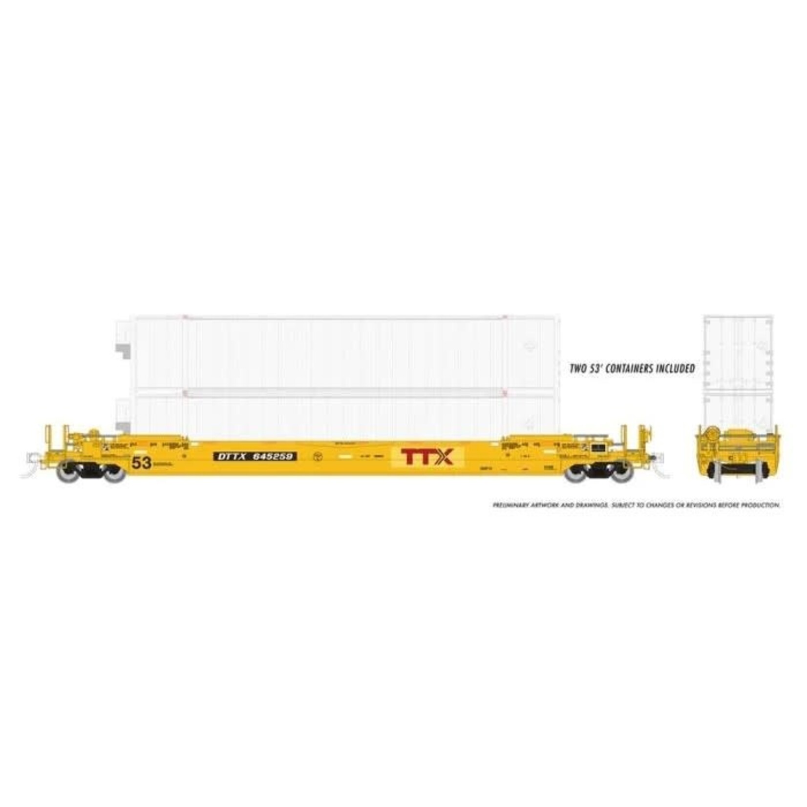 Rapido Trains HO 53' Husky-Stack well car + 2 containers: TTX patched logo