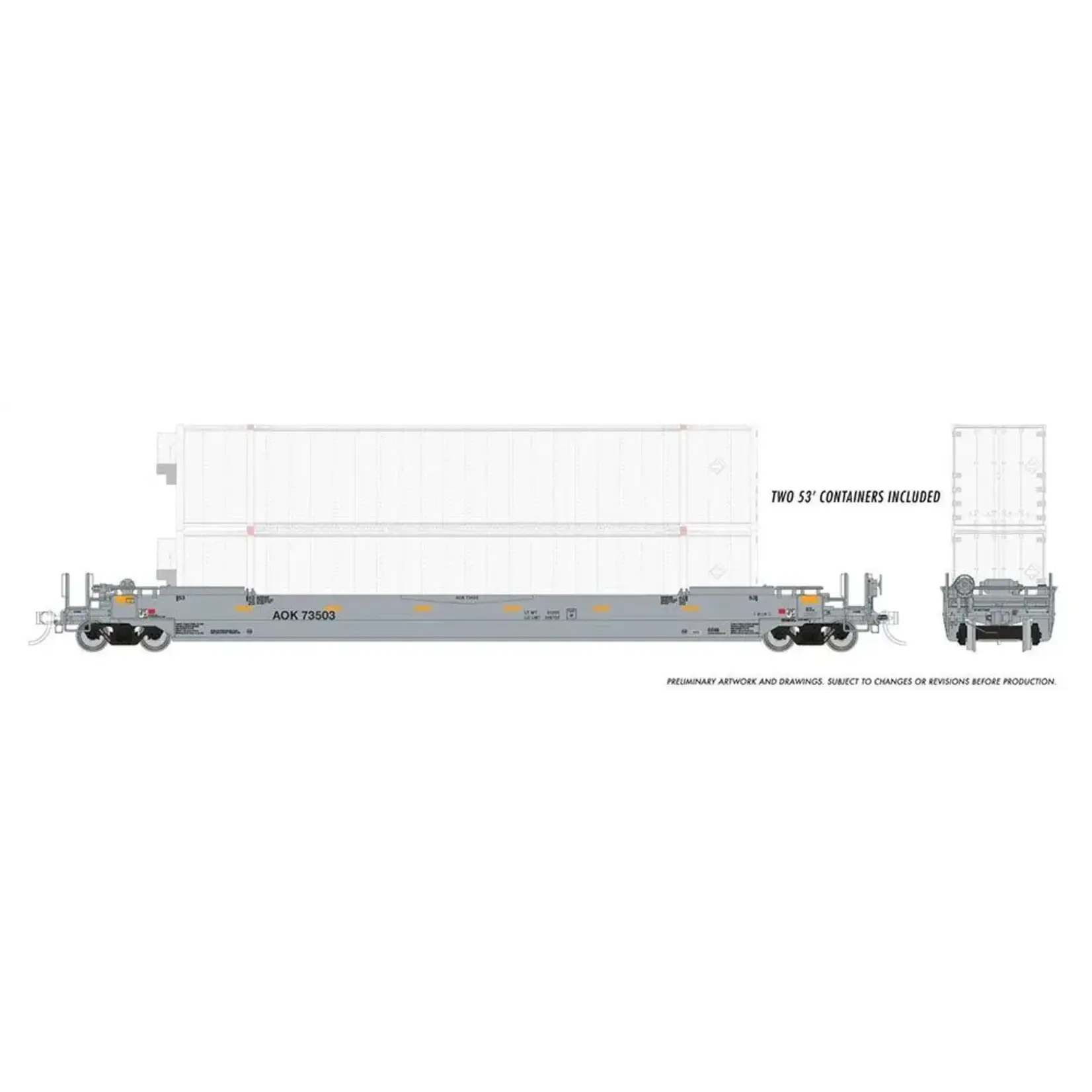 Rapido Trains HO 53' Husky-Stack well car + 2 containers: AOK