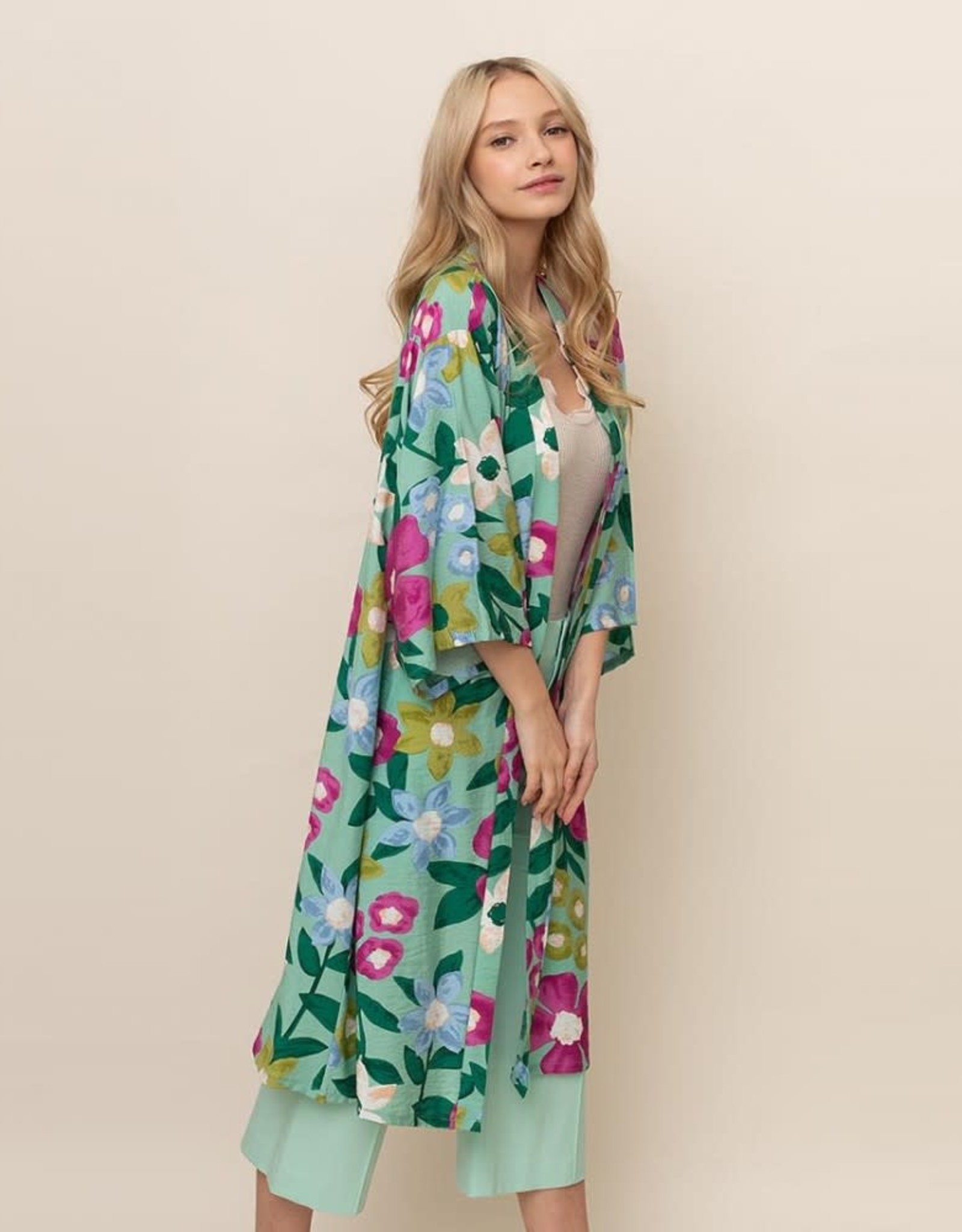 judson 7309807 - Lightweight Long Floral Print Kimono  - O/S - Teal