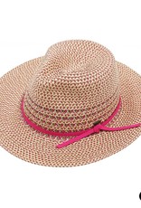 judson 729203 - C.C Multi-Color Heather Panama Straw Hat With Faux Suede Trim Band  - Hot Pink