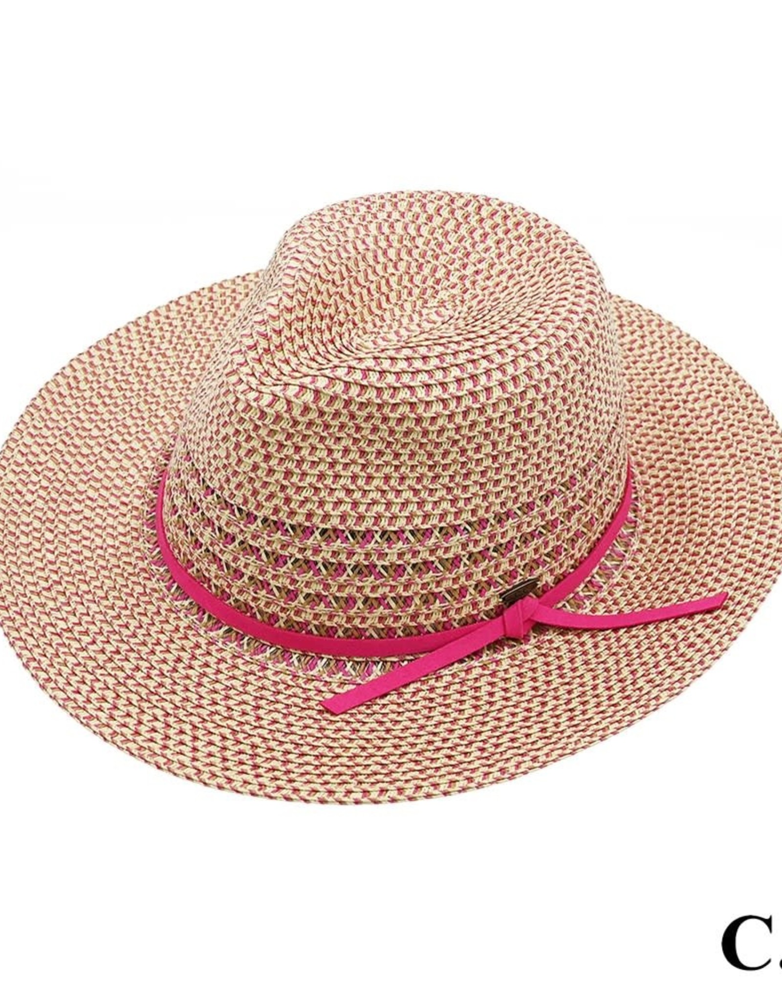 judson 729203 - C.C Multi-Color Heather Panama Straw Hat With Faux Suede Trim Band  - Hot Pink