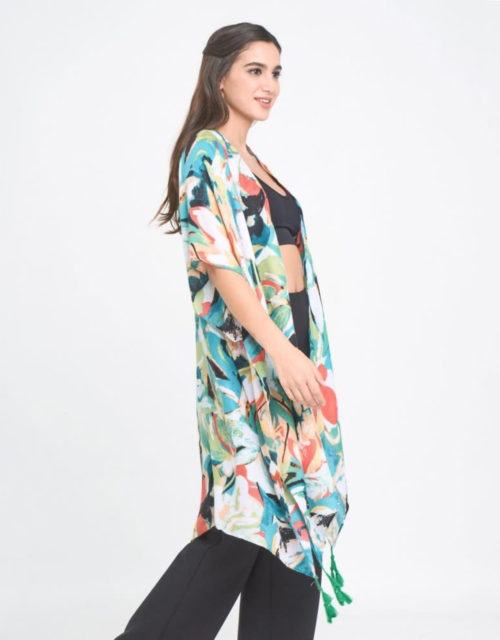 judson 7317026 - Do Everything In Love Abstract Print Kimono  - One Size - Green