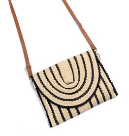 judson 783237 - Braided Straw Cross Body Bag with Scalloped Straw Trim and Adjustable/Detachable Leather Strap