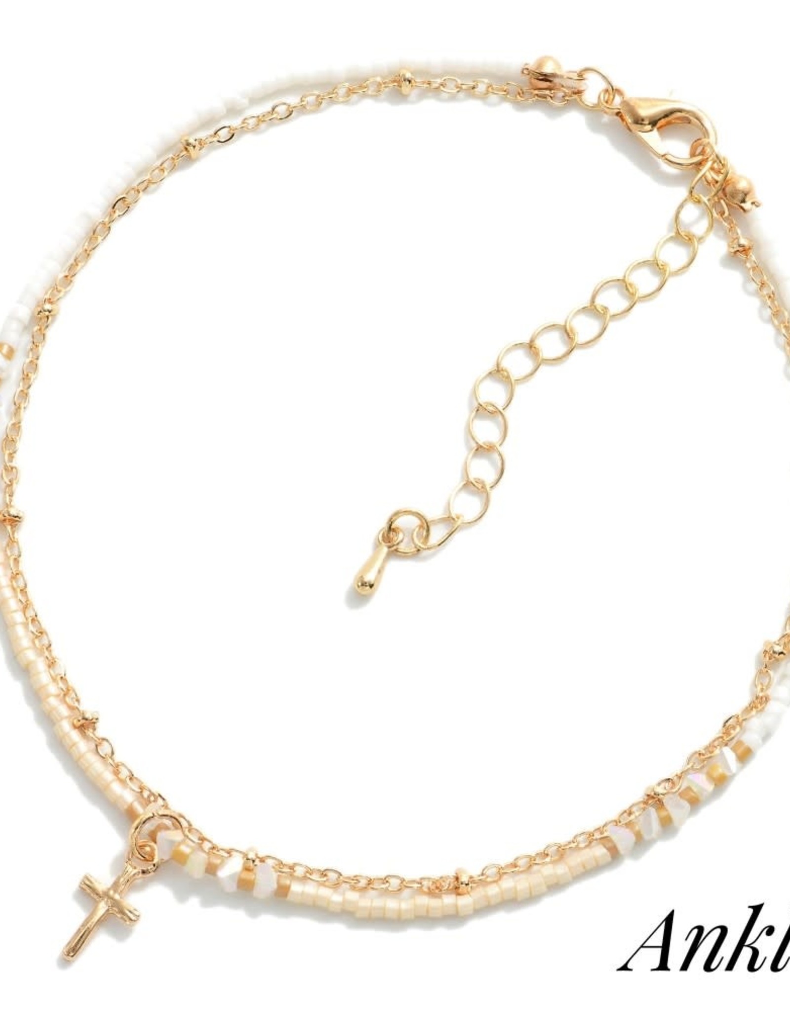 judson 435843 - Dainty Beaded Anklet Featuring Gold Tone Chain And Cross Charm - Gold/White