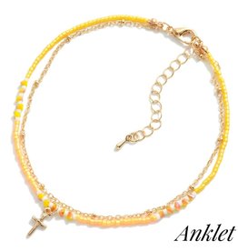judson 435844 - Dainty Beaded Anklet Featuring Gold Tone Chain And Cross Charm - Gold/Yellow