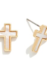judson 261560 - Gold Tone Cross Stud With Opalescent Inlay .5"L - White