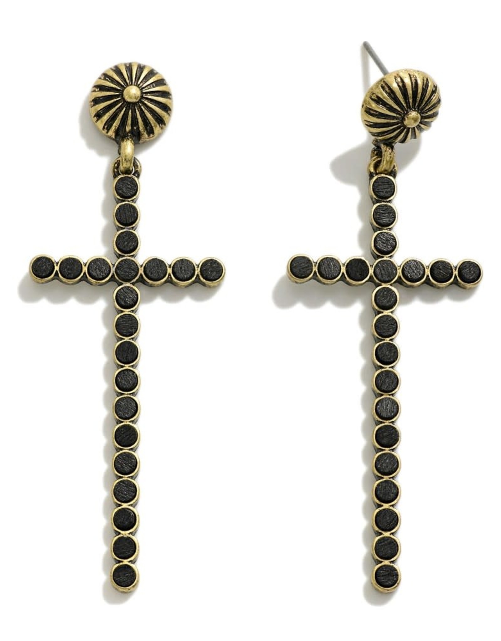 judson 262193 - Cross Drop Earrings With Wooden Stud Inlays 2.5"L - Black
