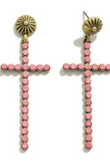 judson 262196 - Cross Drop Earrings With Wooden Stud Inlays 2.5"L - Pink
