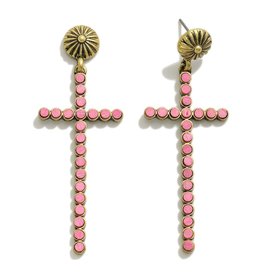 judson 262196 - Cross Drop Earrings With Wooden Stud Inlays 2.5"L - Pink