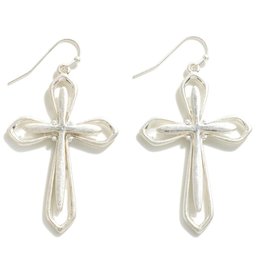 judson 262656 - Metal Bordered Cross Drop Earrings 2"L - Silver