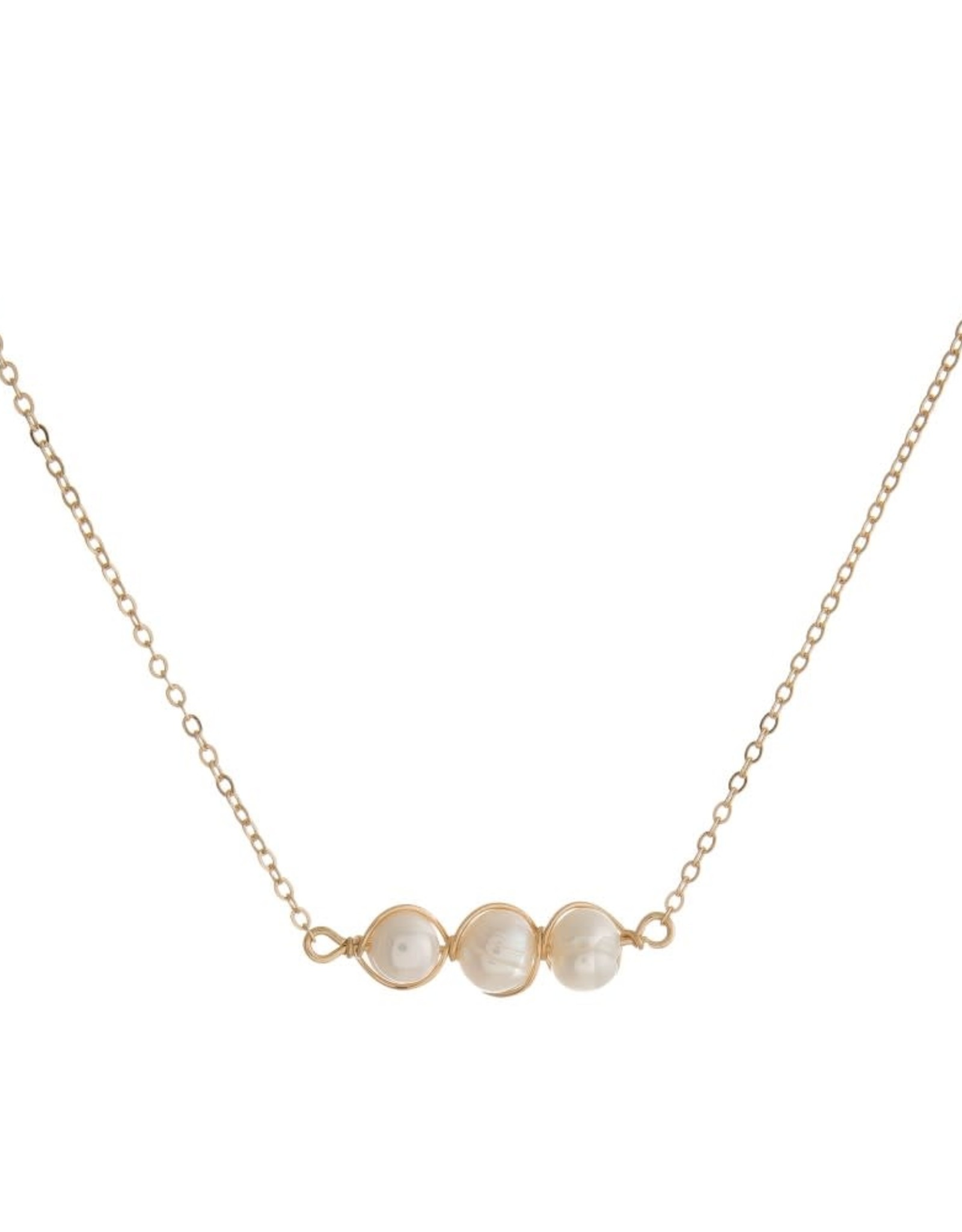 judson 130756 - Dainty metal necklace with three, wire wrapped, freshwater pearl beads. Approximately 16" in length. Gold