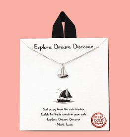 judson 153199 - Explore. Dream. Discover. Silver Dainty Chain Link Necklace Featuring Sail Boat Pendant  - White Gold Dipped - Approximately 16" L - Extender 2" L