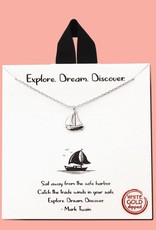 judson 153199 - Explore. Dream. Discover. Silver Dainty Chain Link Necklace Featuring Sail Boat Pendant  - White Gold Dipped - Approximately 16" L - Extender 2" L