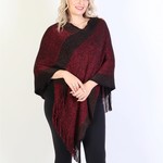 Speckled Striped Poncho W/Fringes-Red