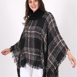 Loose Neck Poncho W/ Big Plaid-Black/Taupe/Wht