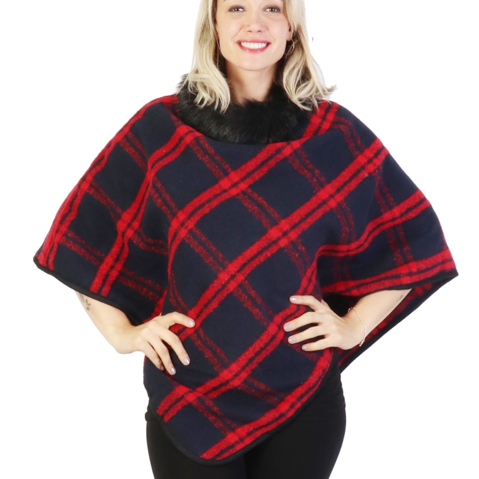 Plaid & Abstract Poncho W/ Fur Collar-Navy and Burgundy