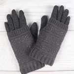 Cable Knit Double Layered Touch Screen Gloves W/ Rhinestones-Grey