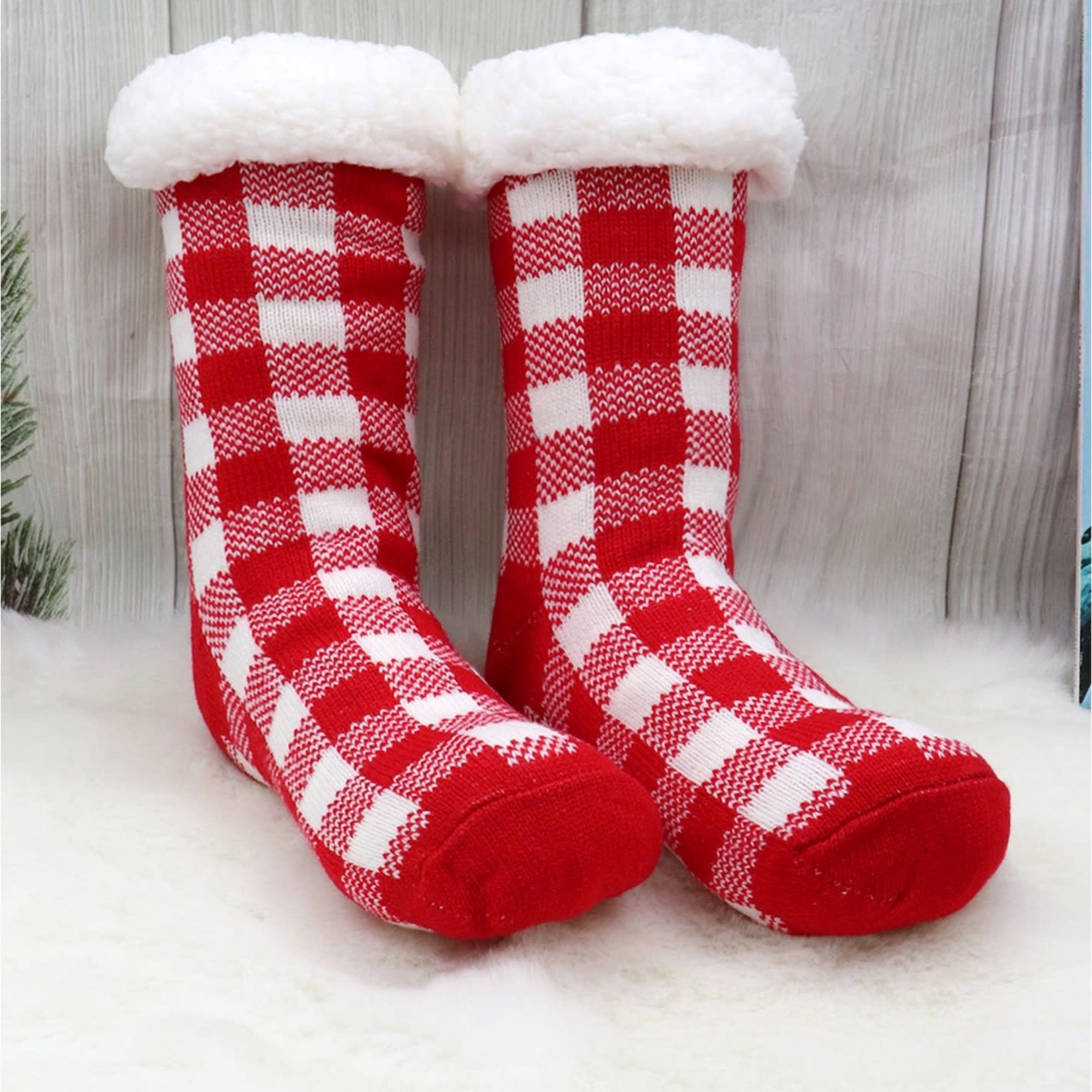 Plaid Indoor Anti-Skid Slipper Socks Red/White - Klomps Home and