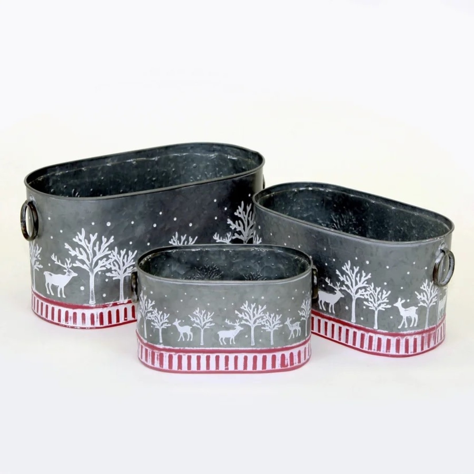 METAL CONTAINERS W/XMAS PATTERN & STRIPED BASE, W/H. LINERS -Sm