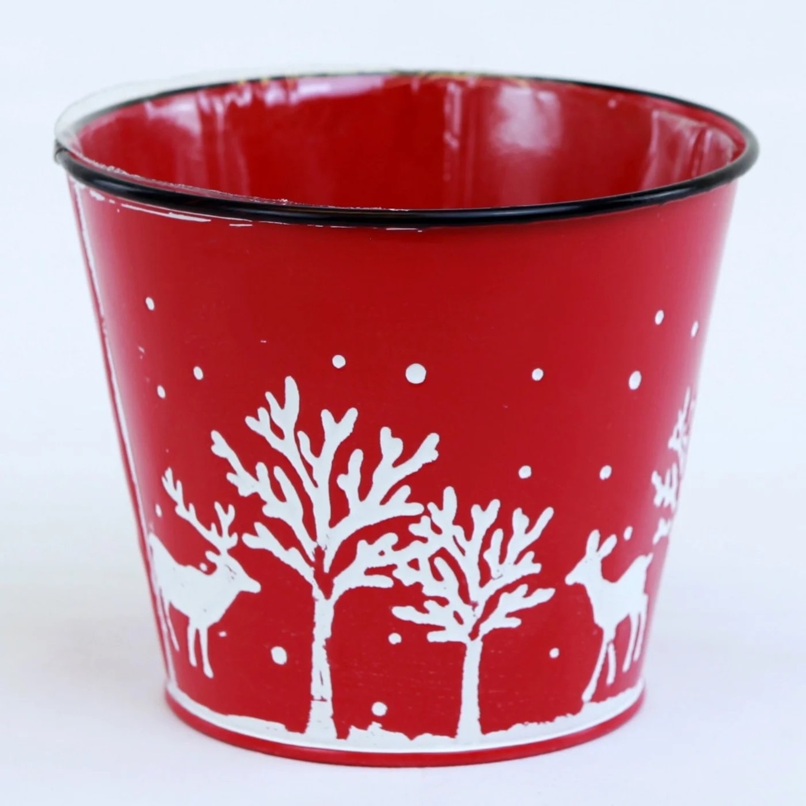 5X4.25"H, RED METAL CONTAINER W/XMAS PATTERN, W/H. LINER (FITS 4" POT