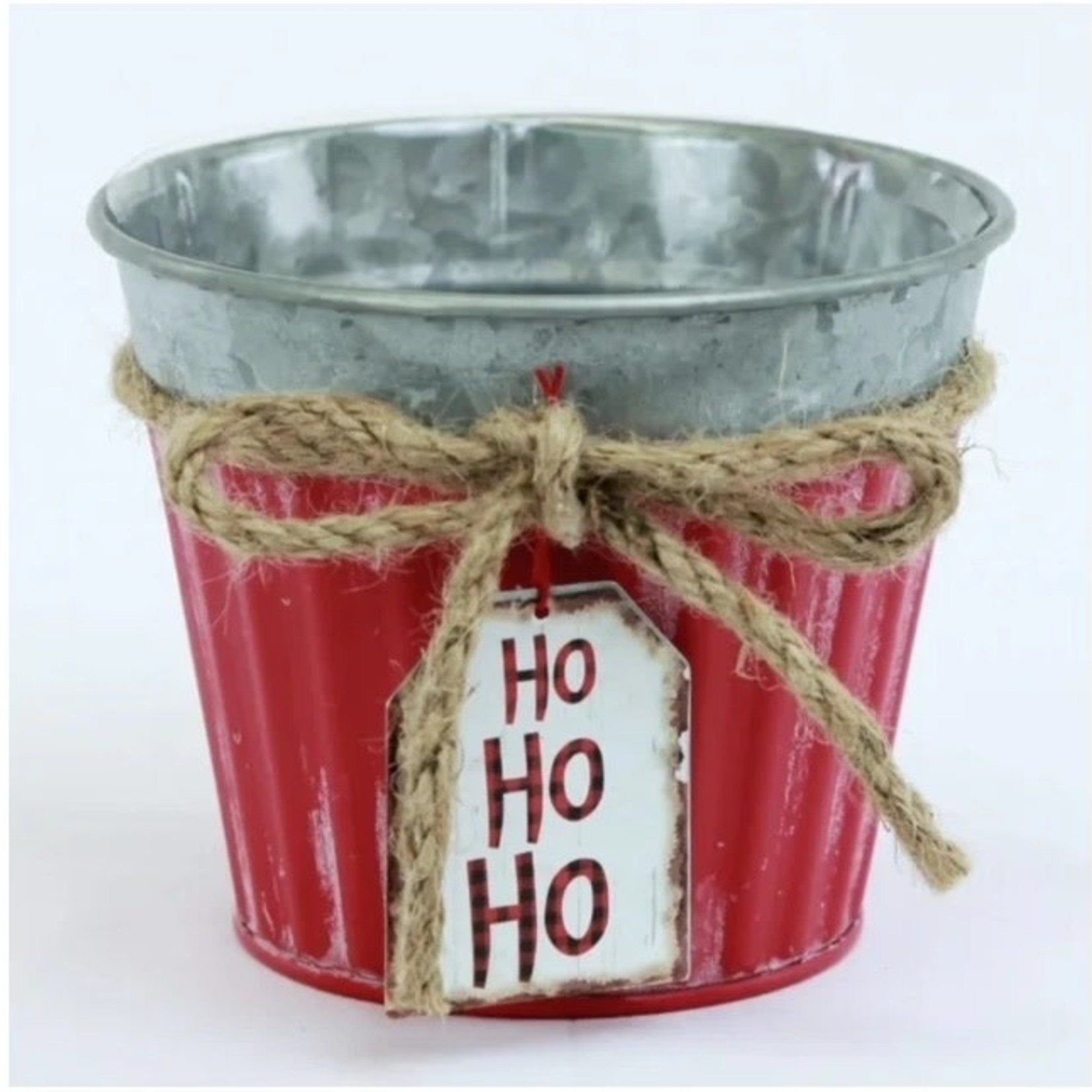 6.75X5.25"H RED/GAVANIZED METAL CONTAINER W/JUTE ROPE BOW, HO HO HO TAG & H. LINER (FITS 6" POT)