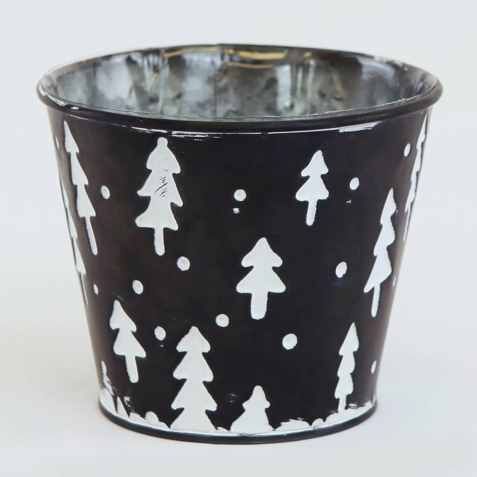BLACK METAL CONTAINER W/WHITE XMAS TREES, W/H. LINER (FITS 6" POT)