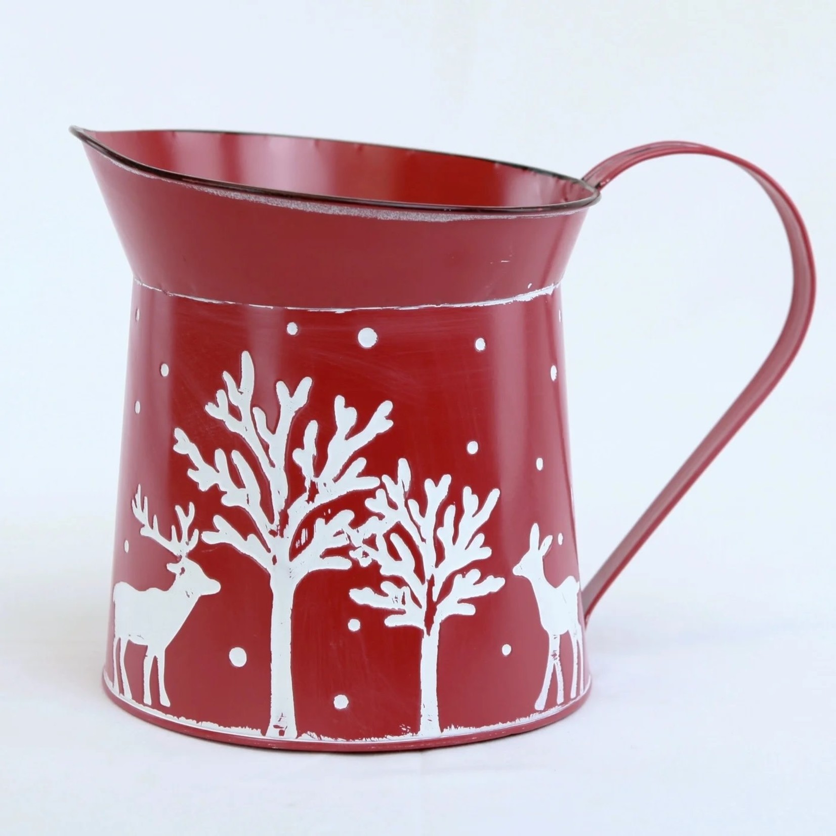 10"/6.8"X7"H/7.5"OH, RED METAL WATERING CAN W/XMAS PATTERN, W/H. LINER