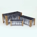 METAL CONTAINERS W/WHITE XMAS TREES & WOOD CORNERS W/ H. LINERS - Sm