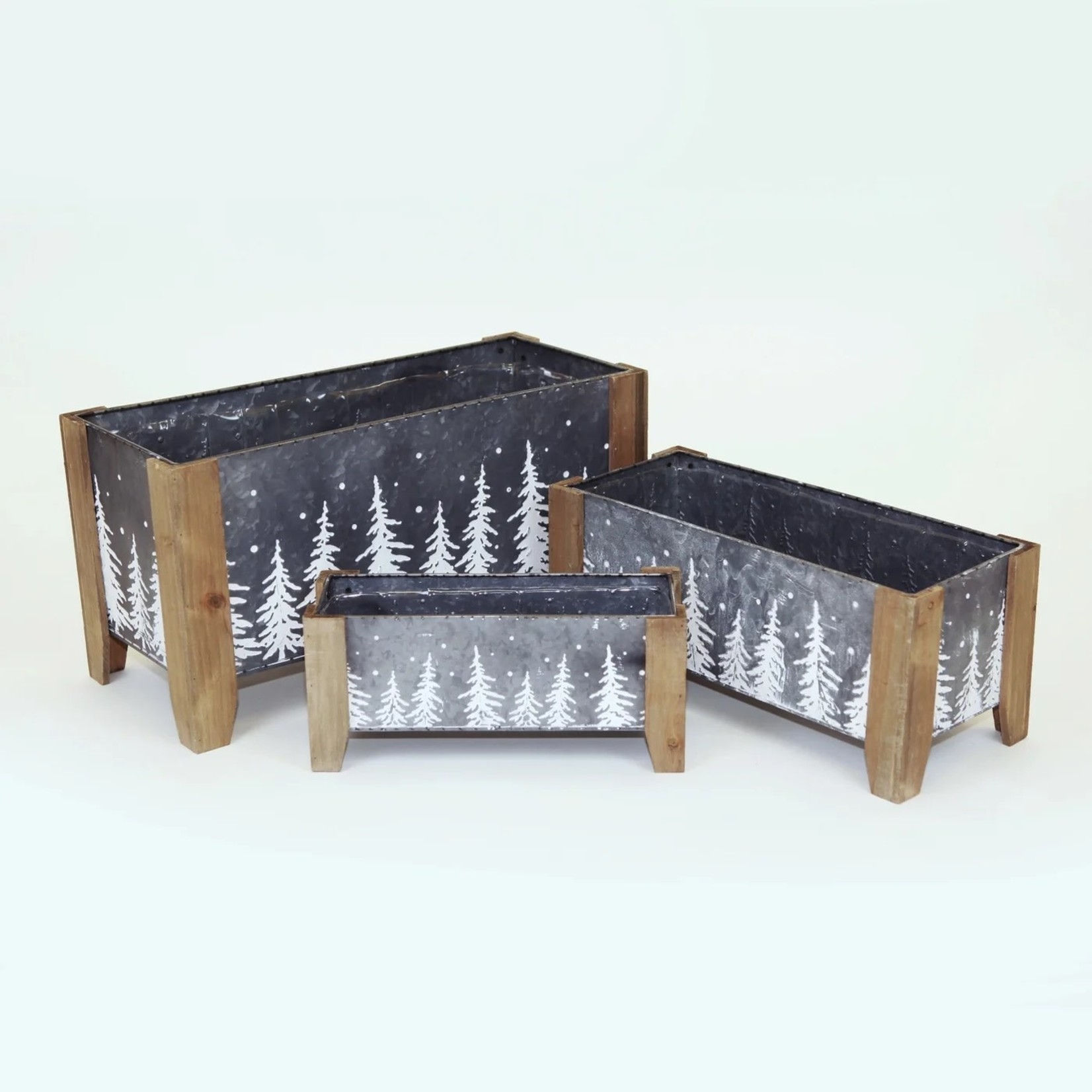 METAL CONTAINERS W/WHITE XMAS TREES & WOOD CORNERS W/ H. LINERS - Med
