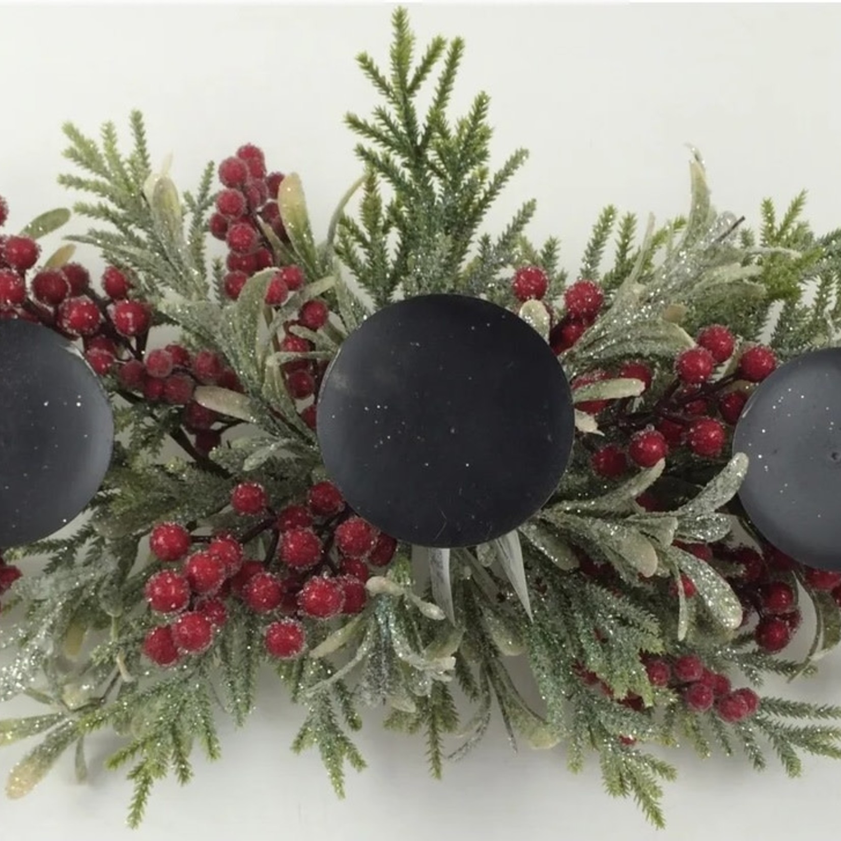 34"L, GLITTERED GREENS/BERRIES CANDLE HOLDER