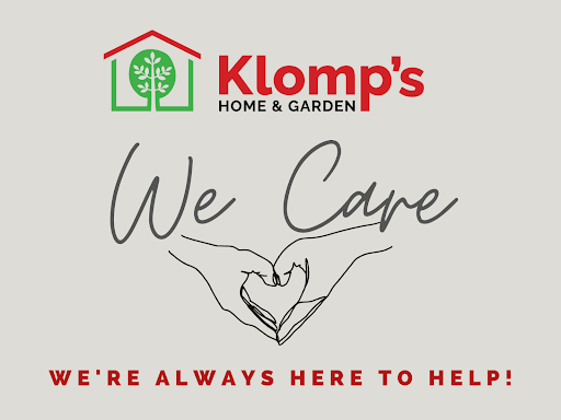 Klomp’s logo with an illustration of hands creating a heart shape and text that says “We Care” and “We’re always here to help!”