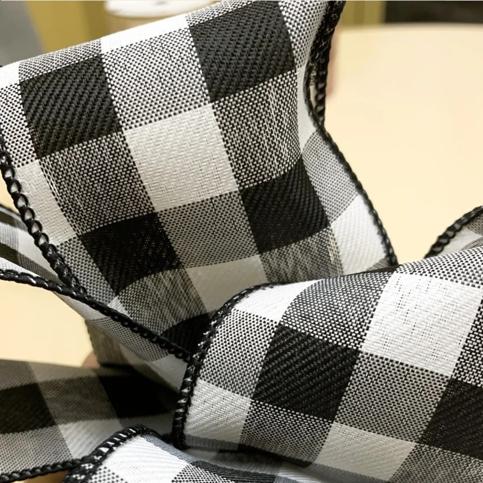 2.5" BLACK/WHITE PLAID WIRED RIBBON, 50YDS