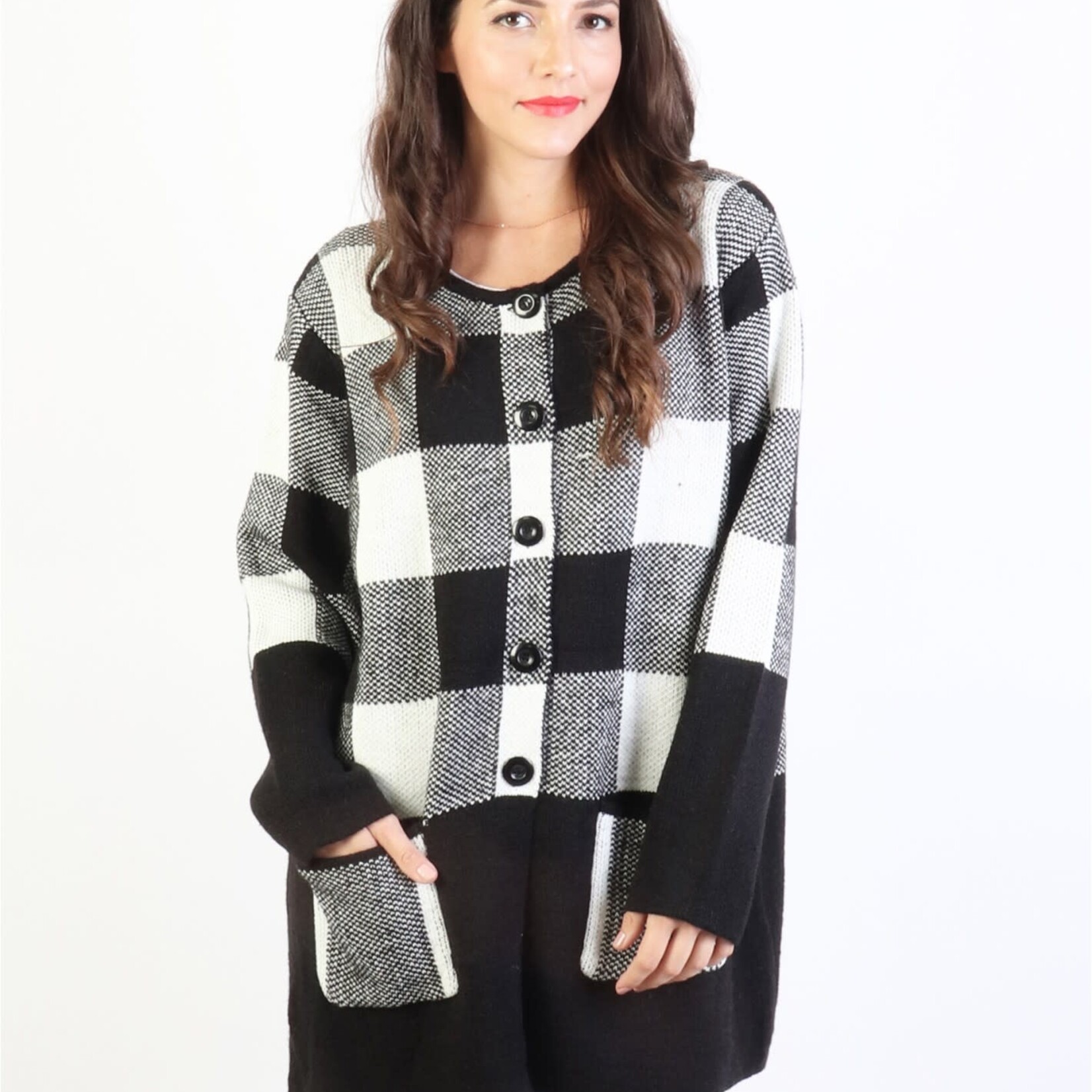 Sweater Plaid Knit   Jacket W/ Buttons and Pockets Blk/Wht