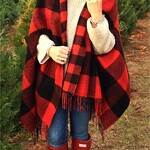 Black and Red Plaid Patterned Cape W/ Fringe. Red