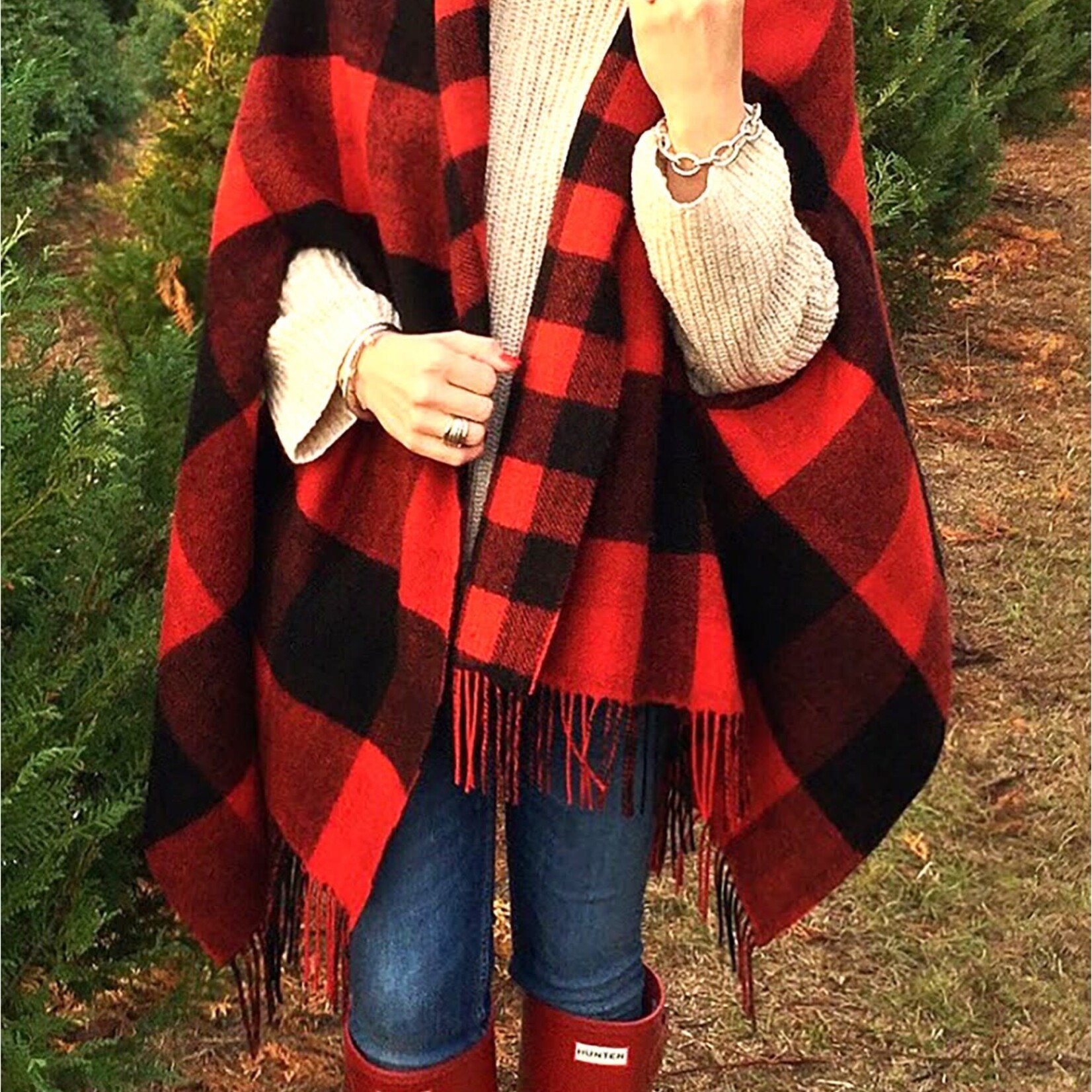 Black and Red Plaid Patterned Cape W/ Fringe. Red