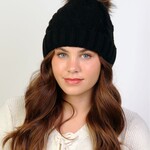 Cable Knitted Camp Hat W/ Pompom- Black