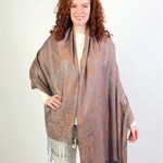 Scarf Pashmina Maple Leaf Brown/Pink w/ Tassels